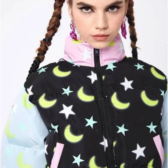 Star Moon Color-block Cropped Puffer Jacket Coat - Picture 4 of 11